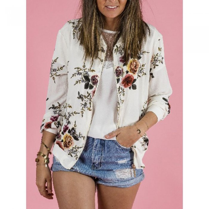 Printed Floral O-neck Zipper Fashion Thin Short Coat