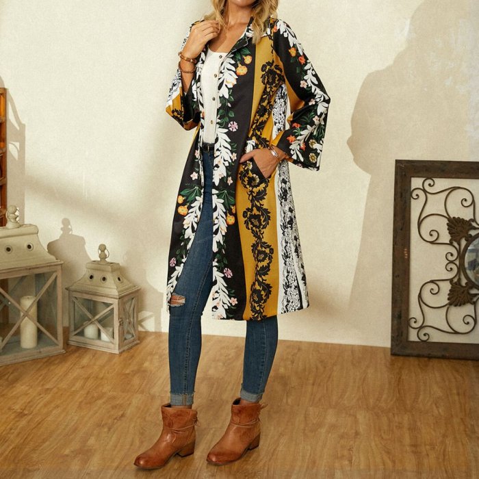 Vintage Flower Printed Long Sleeve Turn-down Collar Coat For Women