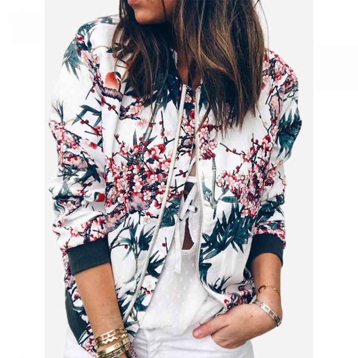 Printed Floral O-neck Zipper Fashion Thin Short Coat