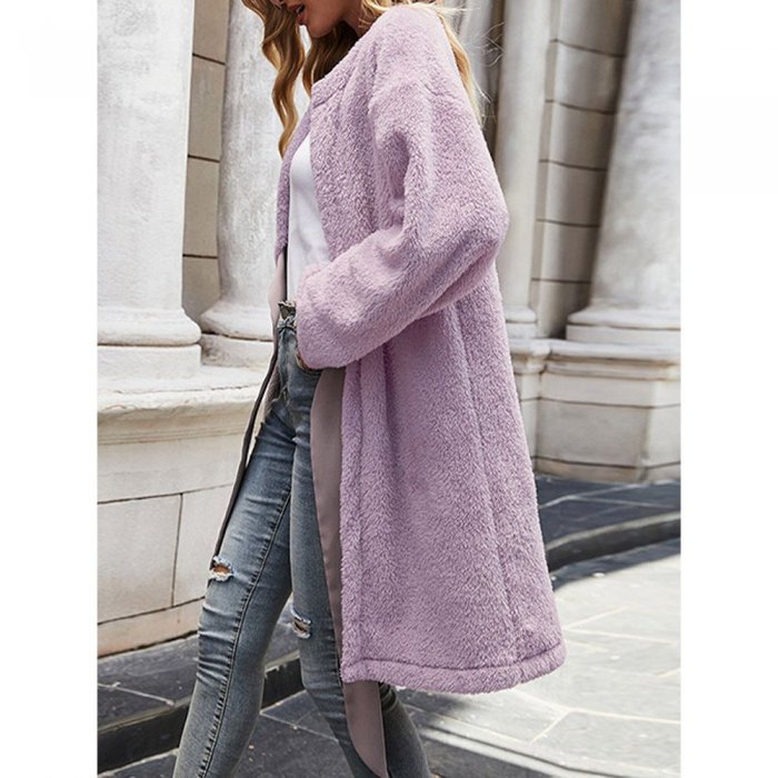 Solid Long Sleeve Tie Front Plush Coat for Women