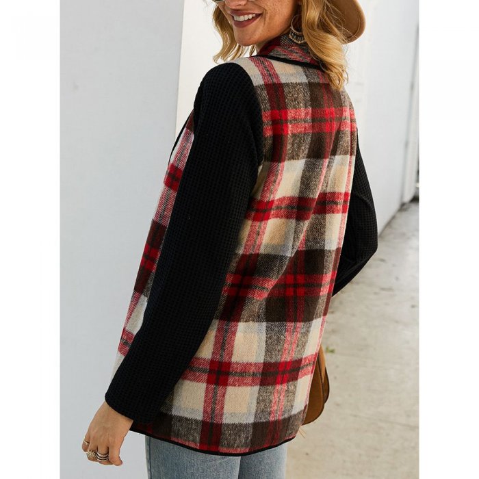 Plaid Patchwork Irregular Long Sleeve Jacket For Women