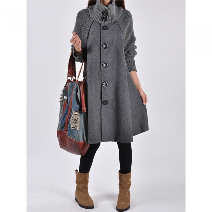 Solid Color Long Sleeve High Neck Patchwork Coat For Women