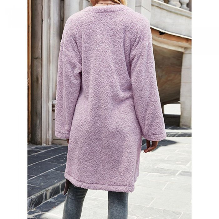 Solid Long Sleeve Tie Front Plush Coat for Women