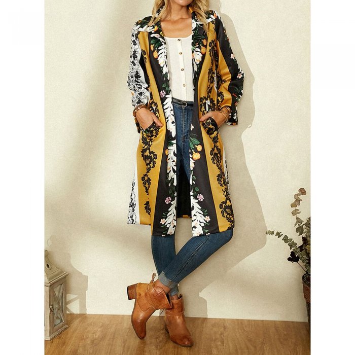 Vintage Flower Printed Long Sleeve Turn-down Collar Coat For Women