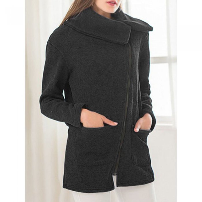 Solid Color Zipper Lapel Coat With Side Pocket For Women