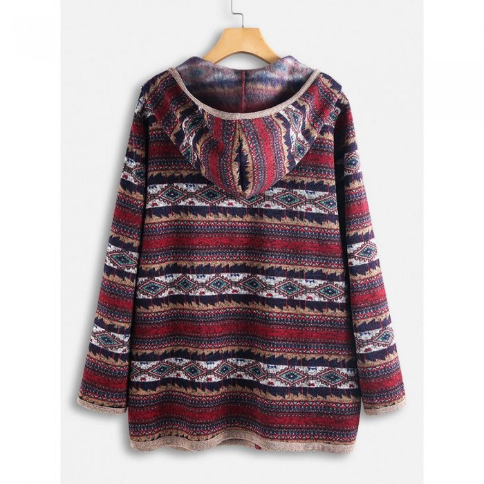 Ethnic Print Patchwork Long Sleeve Hooded Jacket For Women