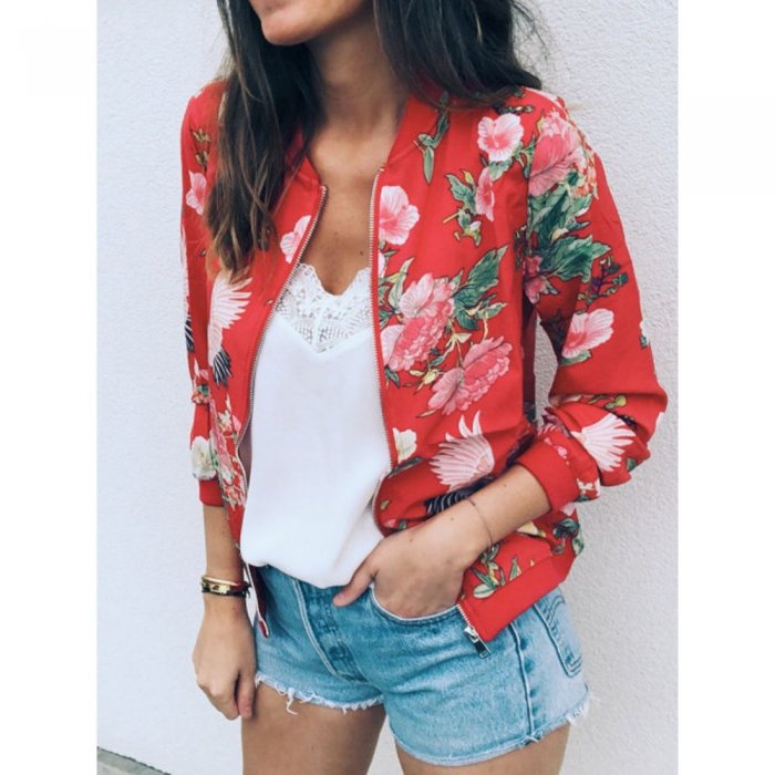 Printed Floral O-neck Zipper Fashion Thin Short Coat