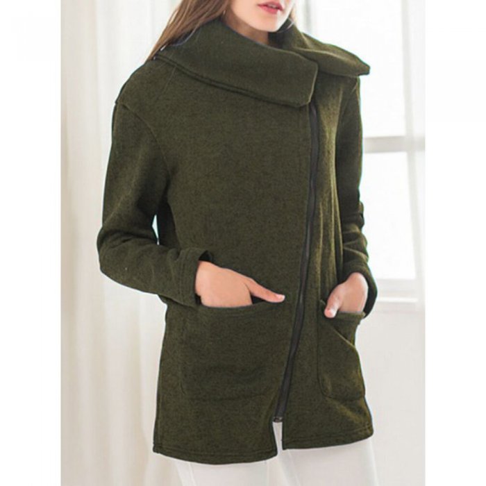 Solid Color Zipper Lapel Coat With Side Pocket For Women