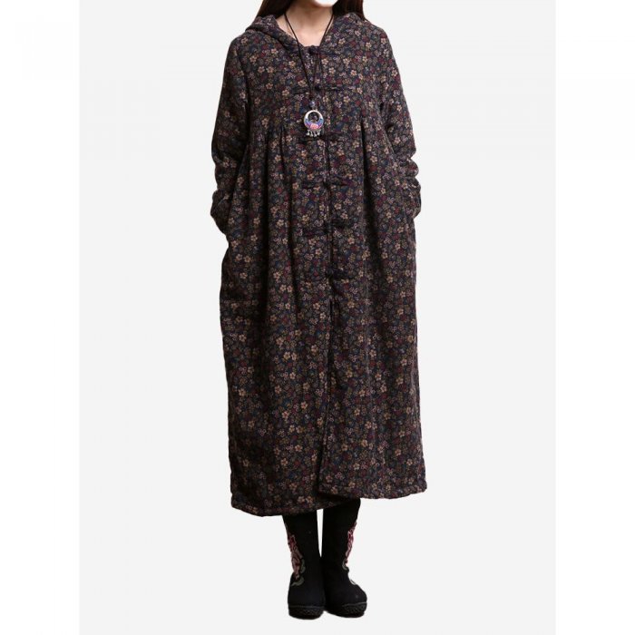 Vintage Casual Women Floral Hooded Overcoat