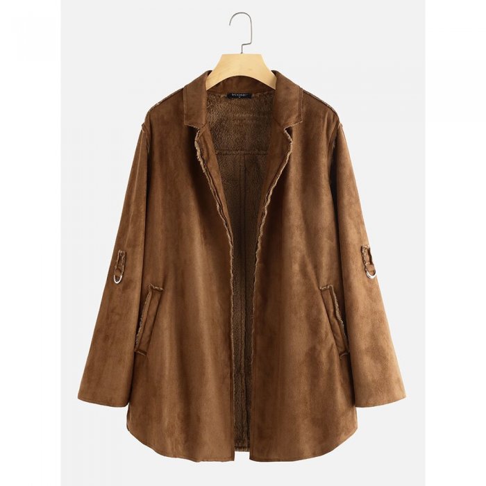 Suede Solid Color Thick Long Sleeve Coat For Women