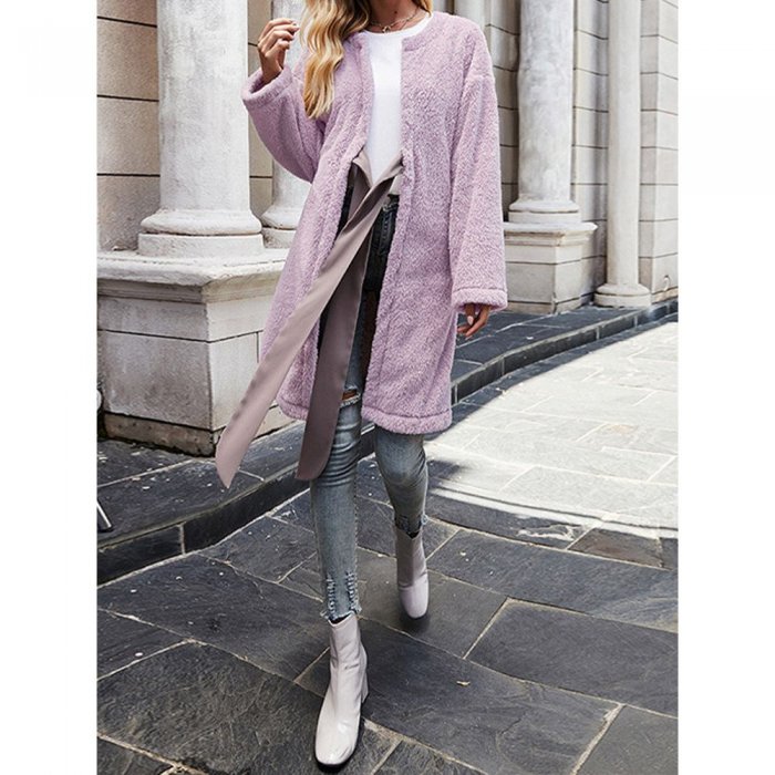 Solid Long Sleeve Tie Front Plush Coat for Women