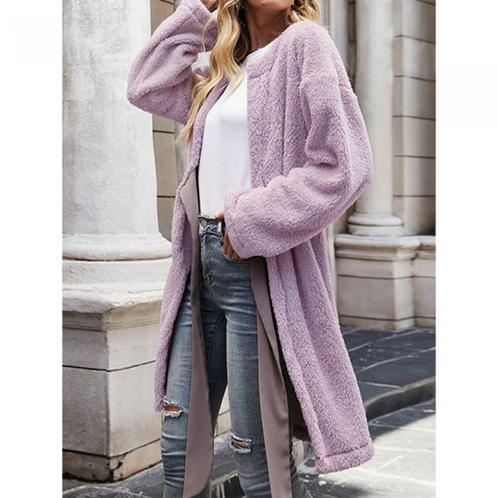 Solid Long Sleeve Tie Front Plush Coat for Women