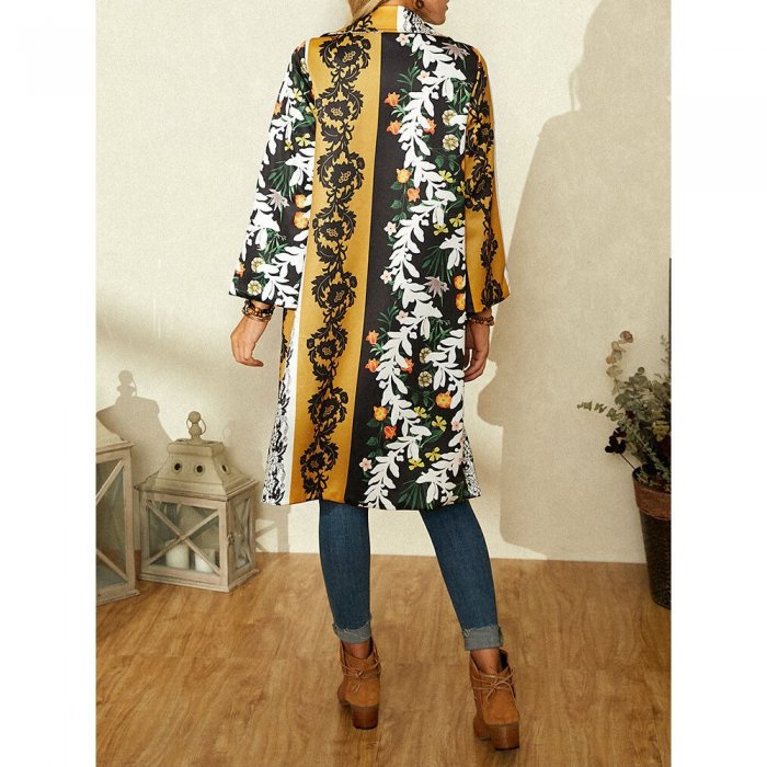 Vintage Flower Printed Long Sleeve Turn-down Collar Coat For Women