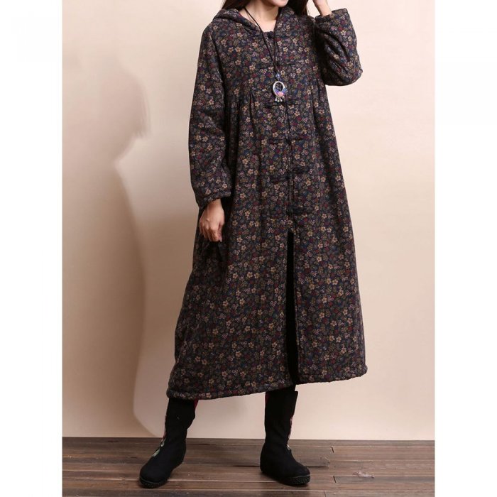 Vintage Casual Women Floral Hooded Overcoat