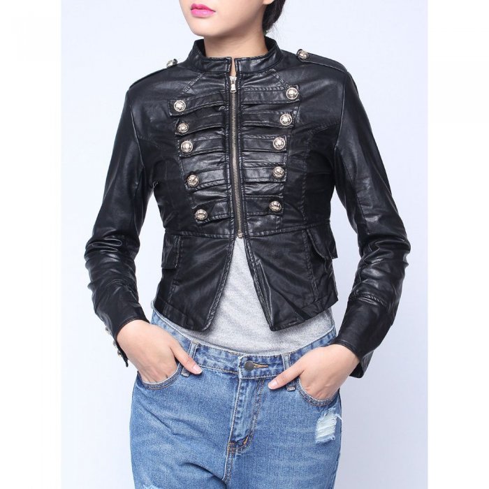 Fashion PU Leather Metal Double Breasted Zipper Jacket Coat