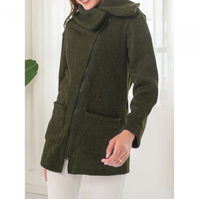 Solid Color Zipper Lapel Coat With Side Pocket For Women