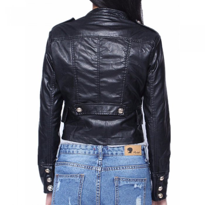 Fashion PU Leather Metal Double Breasted Zipper Jacket Coat