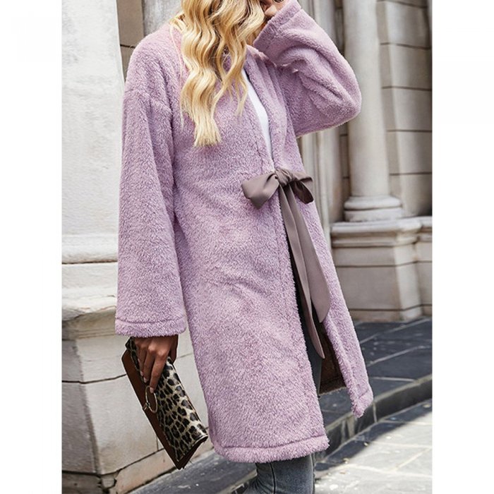 Solid Long Sleeve Tie Front Plush Coat for Women