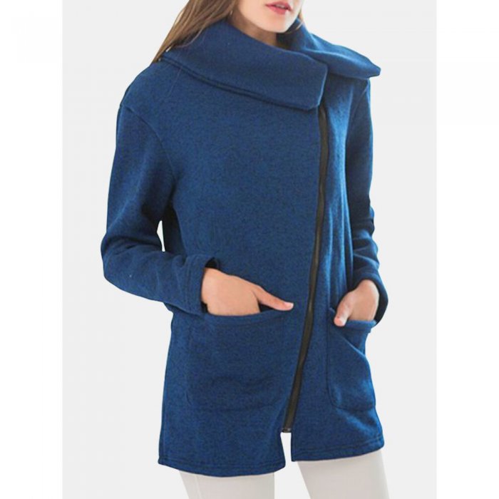 Solid Color Zipper Lapel Coat With Side Pocket For Women