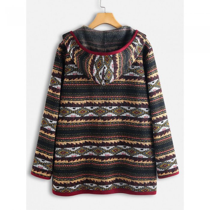 Ethnic Print Patchwork Long Sleeve Hooded Jacket For Women