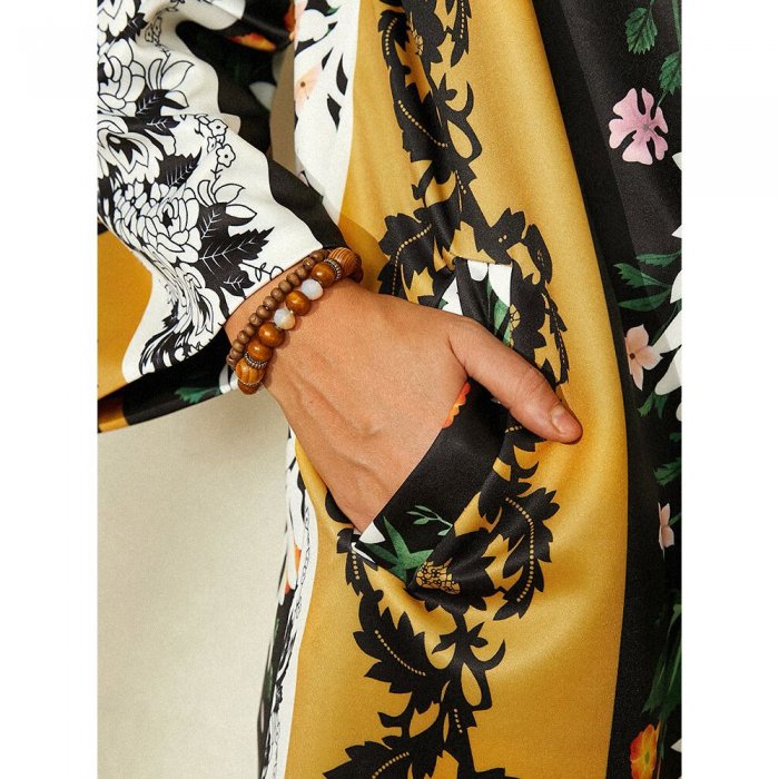 Vintage Flower Printed Long Sleeve Turn-down Collar Coat For Women