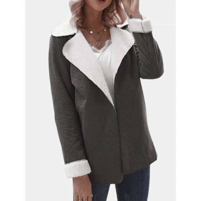 Women Solid Color Long Sleeve Lapel Collar Causal Coat