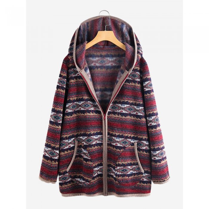Ethnic Print Patchwork Long Sleeve Hooded Jacket For Women