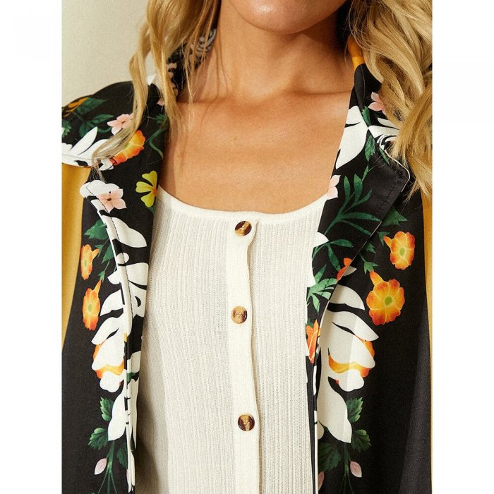 Vintage Flower Printed Long Sleeve Turn-down Collar Coat For Women