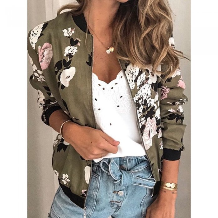 Printed Floral O-neck Zipper Fashion Thin Short Coat