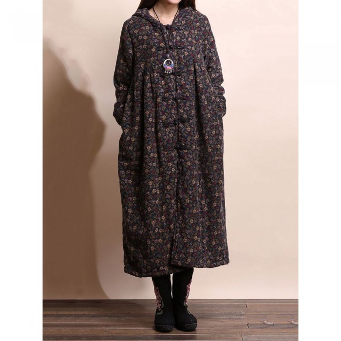 Vintage Casual Women Floral Hooded Overcoat