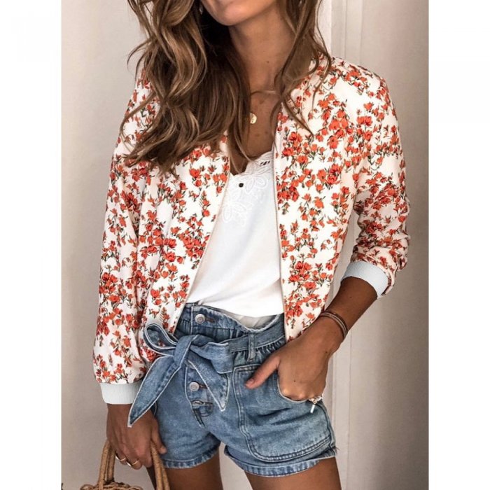 Printed Floral O-neck Zipper Fashion Thin Short Coat