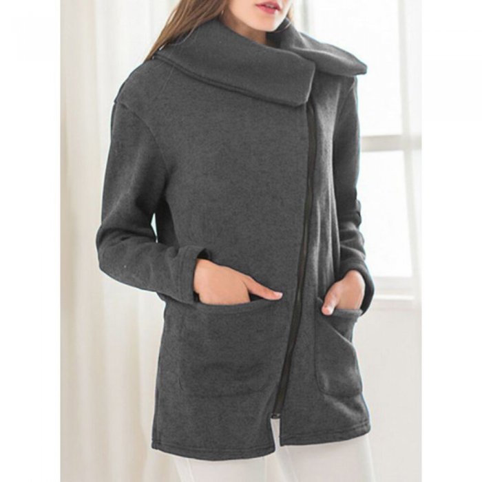 Solid Color Zipper Lapel Coat With Side Pocket For Women