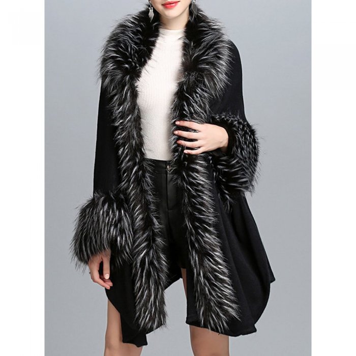 Elegant Knitting Faux Fur Patchwork Irregular Women Cloak Coats