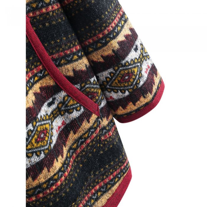 Ethnic Print Patchwork Long Sleeve Hooded Jacket For Women