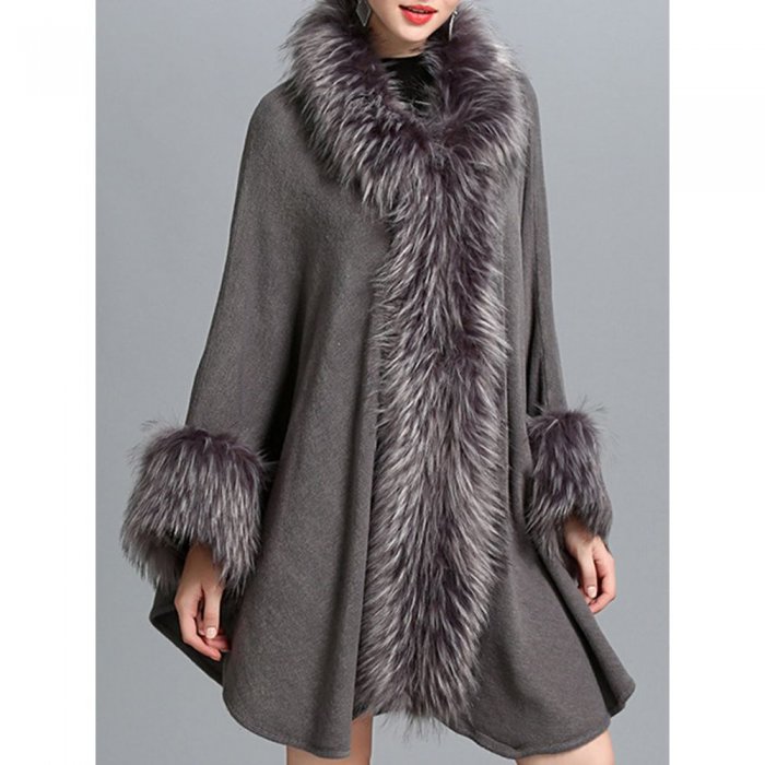 Elegant Knitting Faux Fur Patchwork Irregular Women Cloak Coats