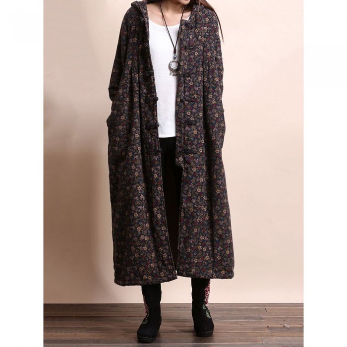 Vintage Casual Women Floral Hooded Overcoat