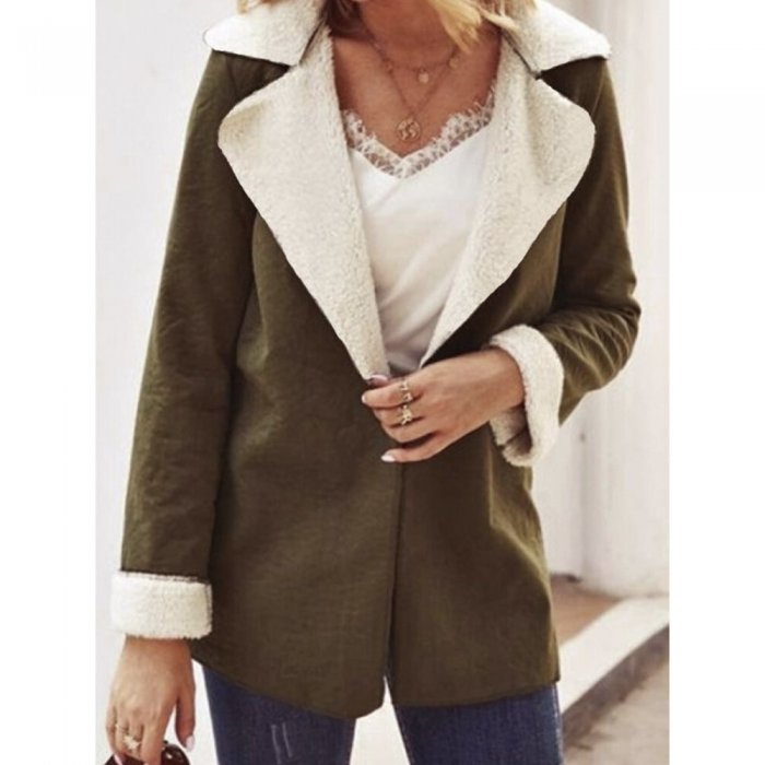 Women Solid Color Long Sleeve Lapel Collar Causal Coat