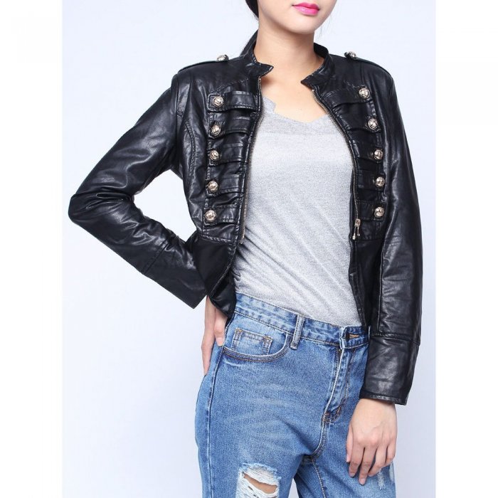 Fashion PU Leather Metal Double Breasted Zipper Jacket Coat