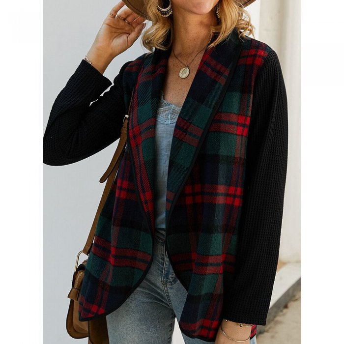 Plaid Patchwork Irregular Long Sleeve Jacket For Women