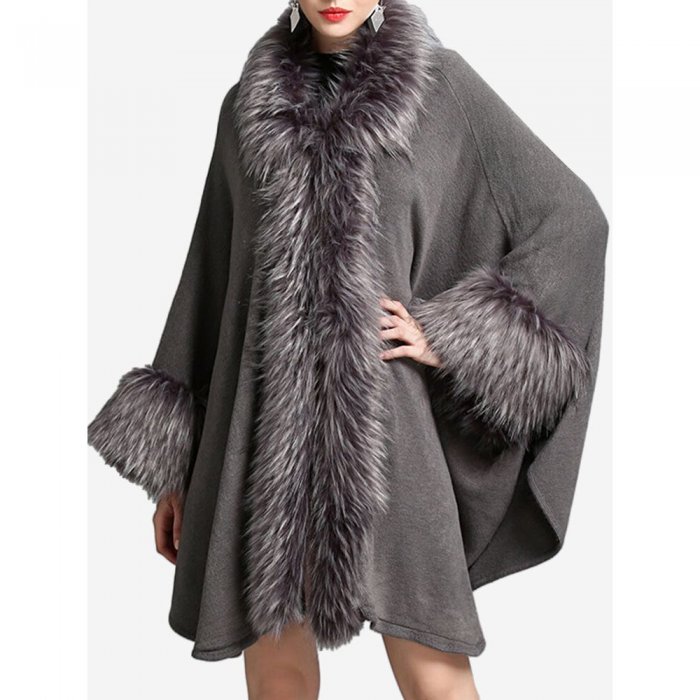 Elegant Knitting Faux Fur Patchwork Irregular Women Cloak Coats