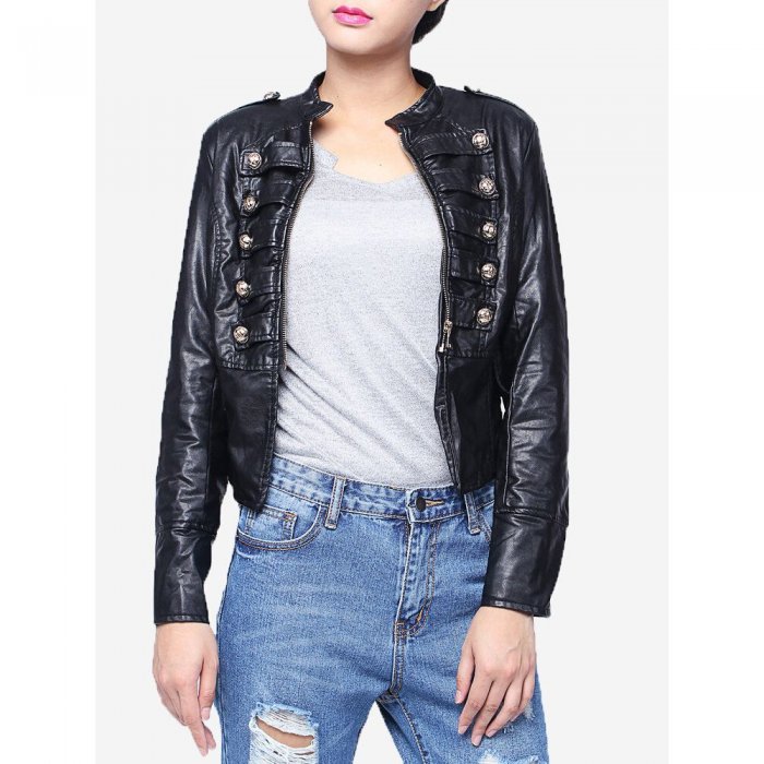 Fashion PU Leather Metal Double Breasted Zipper Jacket Coat