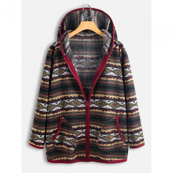 Ethnic Print Patchwork Long Sleeve Hooded Jacket For Women