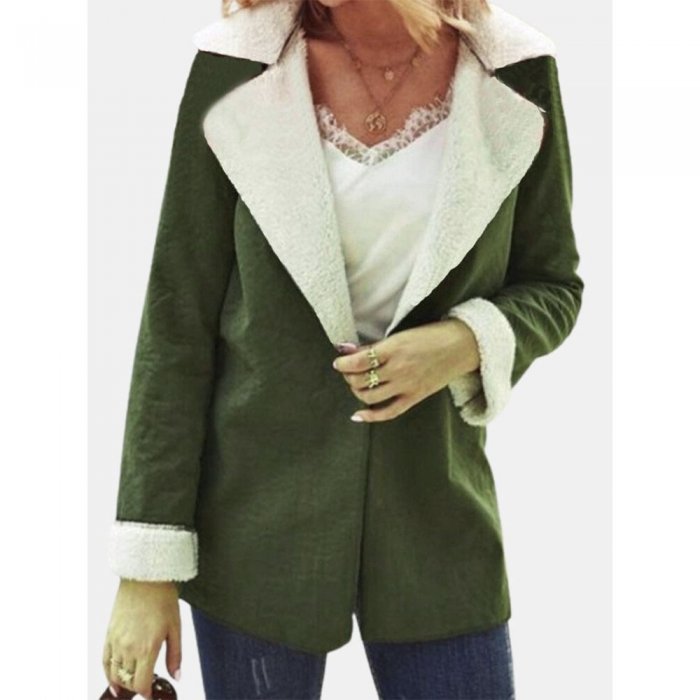 Women Solid Color Long Sleeve Lapel Collar Causal Coat