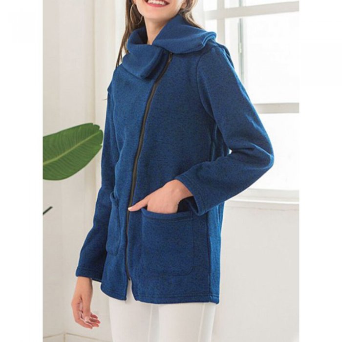 Solid Color Zipper Lapel Coat With Side Pocket For Women