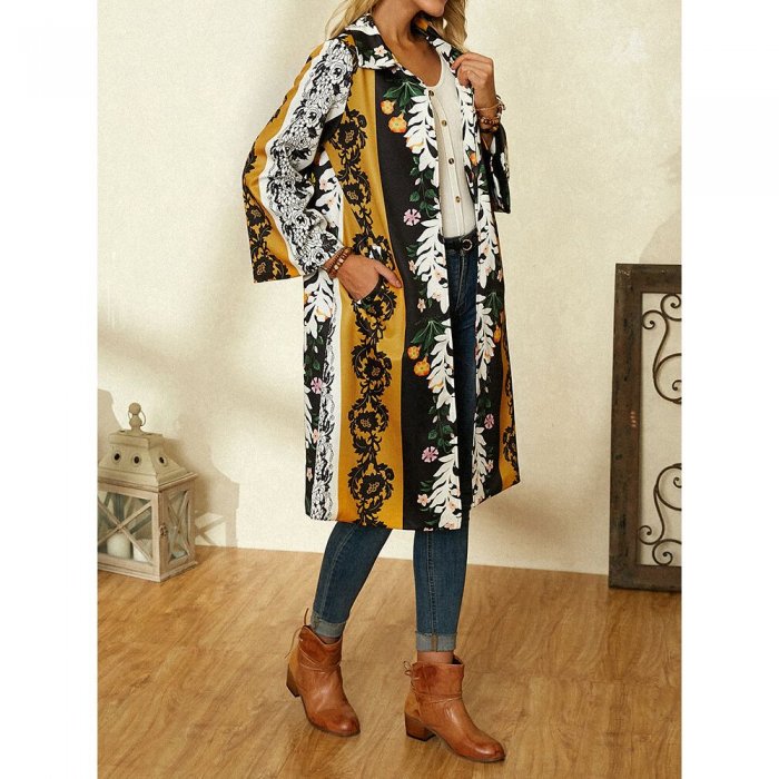 Vintage Flower Printed Long Sleeve Turn-down Collar Coat For Women